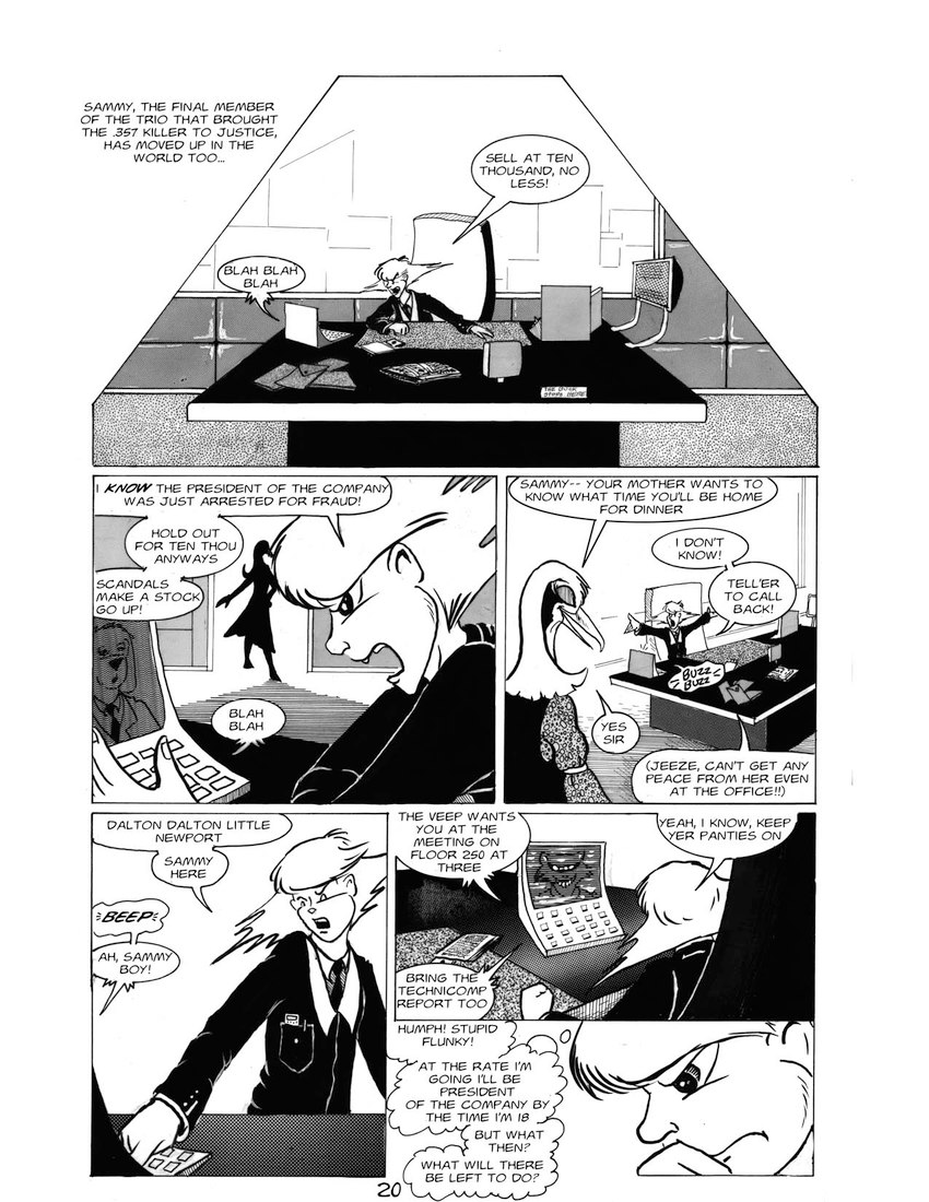 annoyed anthro boss business_suit clothing dialogue dress duo female intercom male necktie nepo_baby secretary speech_bubble suit text thought_bubble video_call roz_gibson avian bird canid canine canis domestic_dog human mammal 1989 2021 black_and_white comic english_text hi_res monochrome