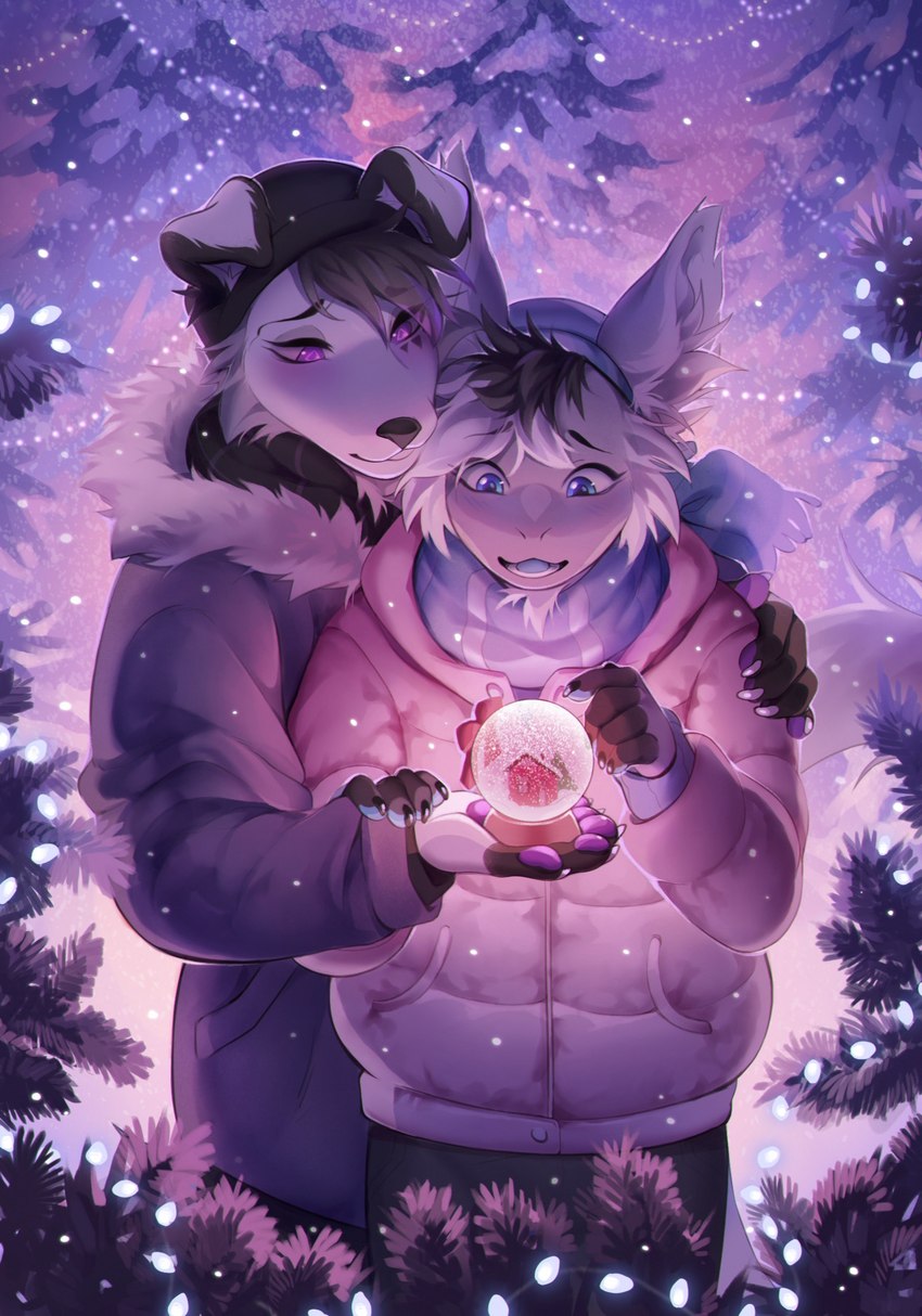 5_fingers anthro anthro_on_anthro christmas_lights claws clothed clothing coat duo fingers floppy_ears fur fur_tuft hair holding_object inner_ear_fluff interspecies male male/male open_mouth open_smile parka pawpads plant romantic romantic_ambiance romantic_couple smile snow snow_globe topwear tree tuft winter winter_coat coff fumiko canid canine canis domestic_dog mammal 2022 artist_collaboration hi_res