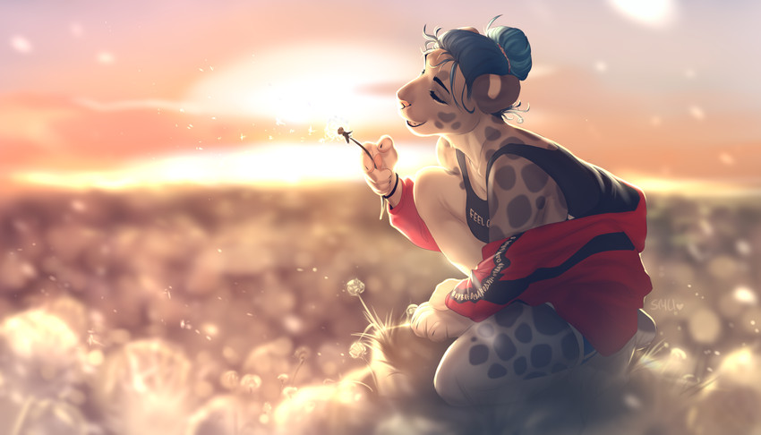 5_fingers anthro dandelion day detailed_background eyebrows eyelashes female fingers flower grass open_mouth outside plant sky smile solo teeth tongue smileeeeeee ess_(smileeeeeee) felid feline leopard mammal pantherine 2020 7:4 digital_media_(artwork) hi_res