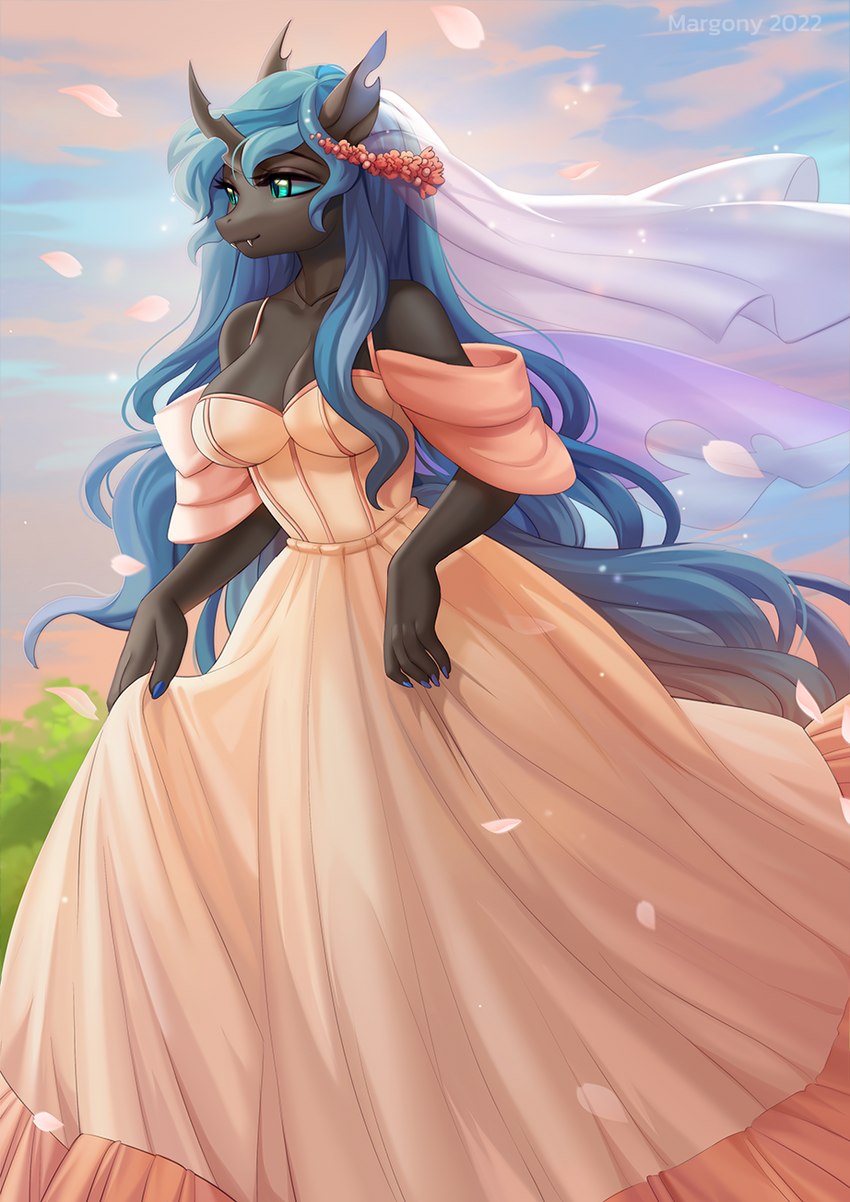 anthro anthrofied breasts bride cleavage clothed clothing dress fangs female female_anthro hair horn long_hair outside solo teeth margony friendship_is_magic hasbro my_little_pony queen_chrysalis_(mlp) arthropod changeling digital_media_(artwork) hi_res shaded