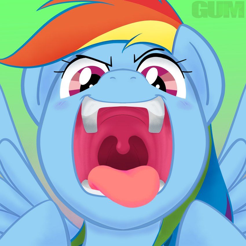 blue_body blue_fur female feral fur gaping_mouth gesture hair hand_gesture mouth_shot multicolored_hair open_mouth open_smile pointing pointing_at_mouth presenting_mouth rainbow_hair smile solo tongue tongue_out uvula wings gum-k friendship_is_magic hasbro my_little_pony mythology rainbow_dash_(mlp) equid equine horse mammal mythological_creature mythological_equine pegasus pony 1:1 2022 digital_media_(artwork) hi_res