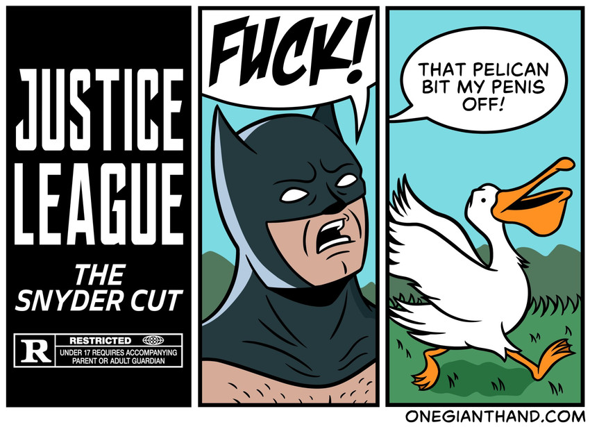 ambiguous_gender beak body_hair border chest_hair duo feathers feral grass hood humor male mask plant speech_bubble text white_body white_border white_feathers wings onegianthand batman_(series) dc_comics justice_league batman avian bird human mammal pelecaniform pelican 2020 comic english_text hi_res signature url