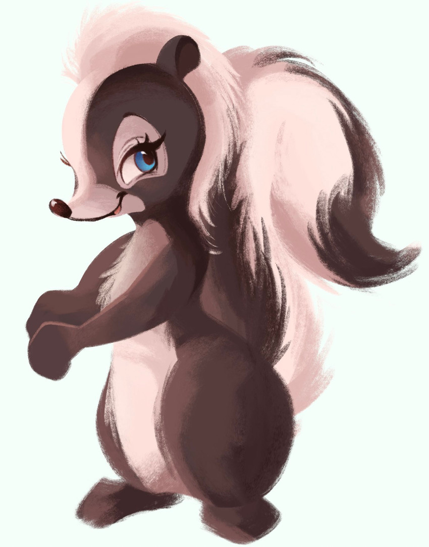 black_body black_fur blue_eyes fluffy fluffy_tail fur multicolored_body multicolored_fur simple_background smile solo tail two_tone_body two_tone_fur white_background white_body white_fur conditional_dnp tohupo bambi_(film) disney flower_(bambi) mammal mephitid skunk 2021 hi_res