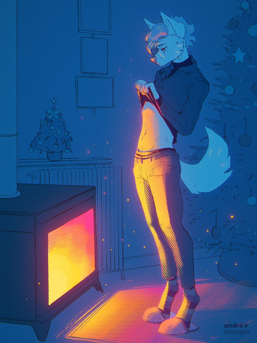 anthro belt ben_day_dots big_ears black_clothing black_nose black_sweater black_topwear black_turtleneck bottomwear cheek_tuft christmas_decorations christmas_ornament christmas_tree clothed clothing clothing_lift dark_room dress_shirt exposed_belly eyebrows facial_tuft fire fireplace footwear fur glowing glowing_body glowing_fur glowing_hair hair highlights_(coloring) holidays inner_ear_fluff inside legwear light_source looking_down male pants pattern_clothing pattern_footwear pattern_legwear pattern_socks picture_frame plant radiator sad shelf shirt shirt_lift shoes slippers socks solo sparks standing striped_clothing striped_footwear striped_socks stripes sweater tail text tiptoes topwear tree tuft turtleneck underwear andre_moraph_(artist) christmas andre_moraph canid canine canis mammal wolf 2023 3:4 absurd_res digital_drawing_(artwork) digital_media_(artwork) english_text hi_res monochrome signature