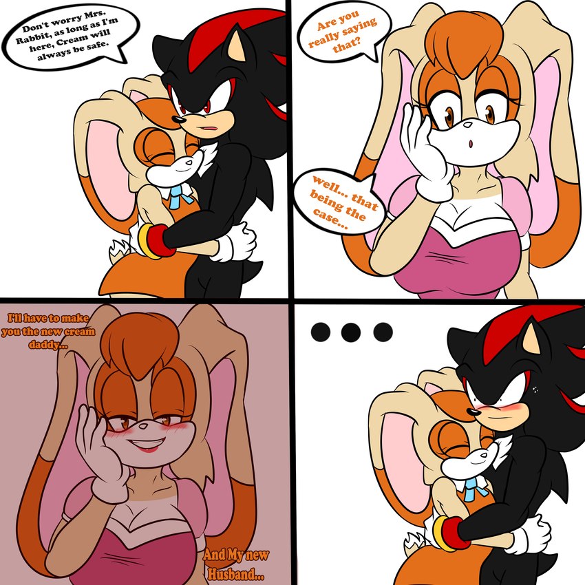 anthro big_breasts blush breasts dialogue duo female hug male male/female mature_female surprise text soulyagami64 sega sonic_the_hedgehog_(series) cream_the_rabbit shadow_the_hedgehog vanilla_the_rabbit eulipotyphlan hedgehog lagomorph leporid mammal rabbit 1:1 absurd_res comic english_text hi_res