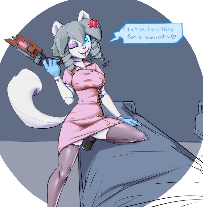 anthro bed blue_eyes clothing dialogue doctor female furniture grey_hair hair legwear machine melee_weapon one_eye_closed smile solo stockings text ubersaw weapon waffl3sk4t team_fortress_2 valve purity_(theblackhex) mammal mink mustelid musteline robot true_musteline 2020 absurd_res english_text hi_res