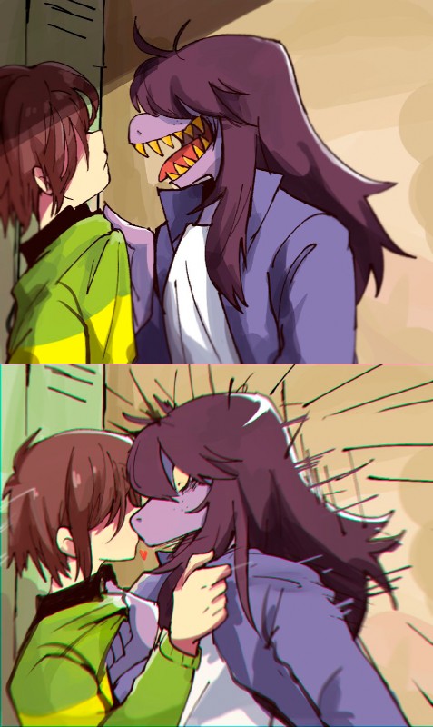 anthro blush clothed clothing duo fangs female hair kiss_on_lips kissing long_hair male sharp_teeth simple_background surprise surprise_kiss teeth chokaso deltarune undertale_(series) kris_(deltarune) susie_(deltarune) human mammal reptile scalie digital_media_(artwork) hi_res