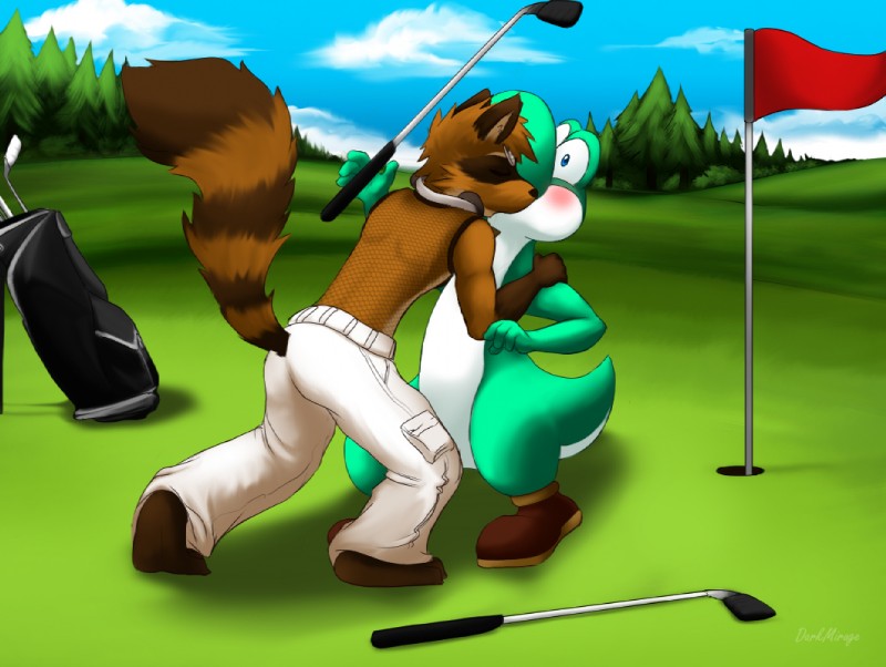 4_fingers ambiguous_gender anthro barefoot big_nose blue_eyes blush boots bottomwear brown_body brown_fur cargo_pants clothing cloud day duo eyes_closed feet fingers fishnet_clothing flag footwear fur golf golf_bag golf_club golf_course grass green_body green_skin hair hole_(pit) iron_(golf) kiss_on_lips kissing male male/ambiguous outside pants plant raised_tail shoes short_hair sky sport standing surprise surprise_kiss tail toony tree white_body white_skin darkmirage mario_bros mario_golf nintendo graedius_(character) yoshi_(character) dinosaur green_yoshi mammal prehistoric_species procyonid raccoon reptile scalie yoshi 2011 digital_drawing_(artwork) digital_media_(artwork)