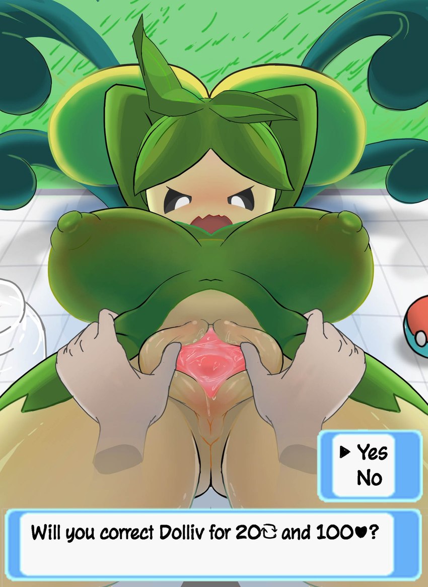 anus big_breasts black_sclera blush breasts butt butt_from_the_front disembodied_hand female genitals green_body green_hair hair lying navel nipple_outline on_back open_mouth plant plant_hair pokeball pseudo_hair pussy short_stack solo spread_pussy spreading tan_body text text_box thick_thighs white_eyes wide_hips ecchitrail nintendo pokemon dolliv elemental_creature elemental_humanoid flora_fauna generation_9_pokemon humanoid plant_humanoid pokemon_(species) english_text hi_res