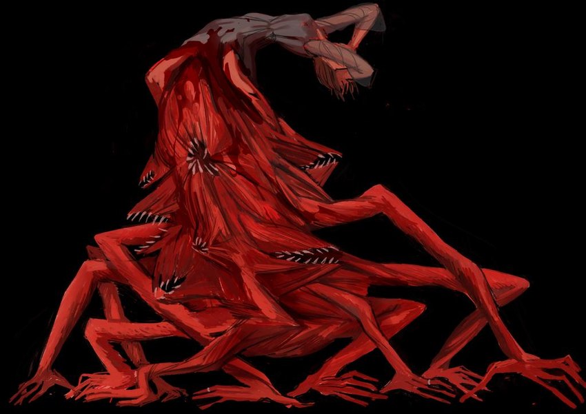 ambiguous_gender blood bodily_fluids body_horror clothed clothing dress humanoid_hands leaning leaning_backward multi_mouth not_furry red_body ring_(jewelry) sharp_teeth solo teeth vich humanoid monster