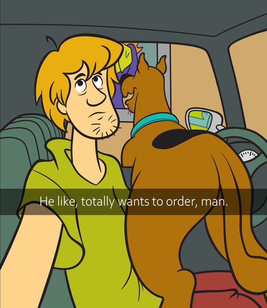 brown_body brown_fur butt car_interior collar female feral fur group male markings mystery_machine selfie spots spotted_markings tail text trio vehicle wheel magzol hanna-barbera he_wants_to_order scooby-doo_(series) daphne_blake scooby-doo shaggy_rogers canid canine canis domestic_dog great_dane human mammal mastiff molosser 2022 absurd_res english_text hi_res meme redraw