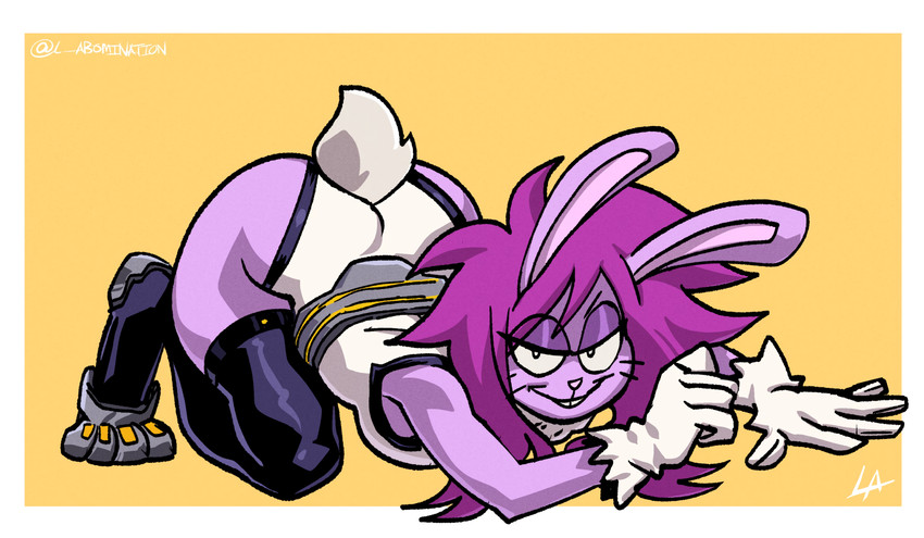 all_fours anthro ass_up bunny_costume butt clothing cosplay costume crossover_cosplay female fur gloves hair handwear legwear leotard looking_at_viewer purple_body purple_fur purple_hair solo thigh_highs liefeldianabomination cartoon_network my_hero_academia ok_k.o.!_let's_be_heroes bunny_enid enid_(ok_k.o.!_lbh) rumi_usagiyama lagomorph leporid mammal rabbit crossover