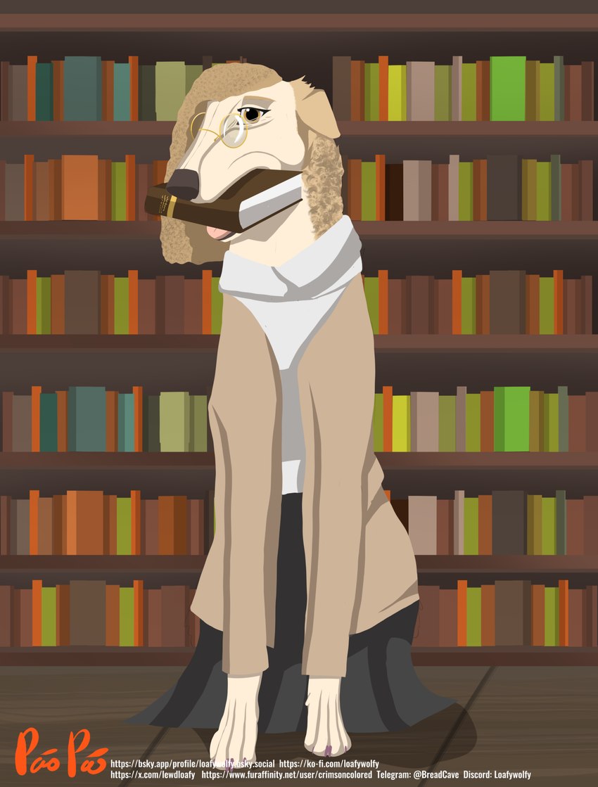 book bookshelf clothed clothed_feral clothing eyewear female feral furniture glasses librarian solo text crimsoncolored amelie_(crimsoncolored) borzoi canid canine canis domestic_dog hunting_dog mammal sighthound cel_shading hi_res shaded url