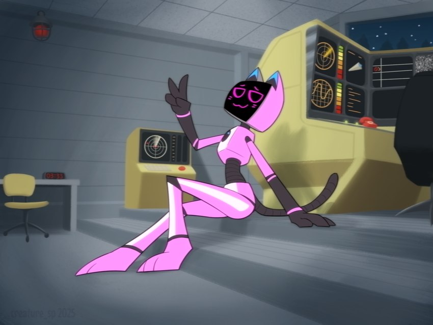 anthro biped chair clock detailed_background furniture gesture hand_gesture hand_on_ground inside machine male night pink_body shadow sitting sitting_on_ground solo star toony v_sign window creature_sp voices_of_the_void kerfur_omega_(votv) domestic_cat felid feline felis mammal robot 4:3 hi_res