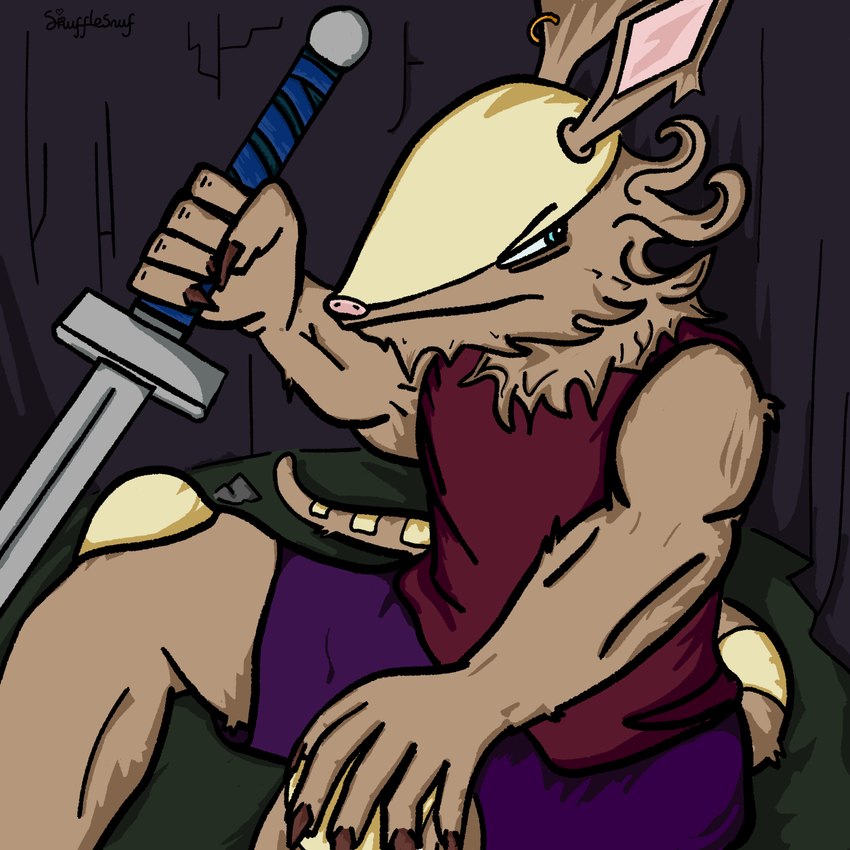 anthro bottomwear claws clothed clothing ear_piercing ear_ring fantasy frown fur gold_ear_ring holding_melee_weapon holding_object holding_weapon looking_away male melee_weapon muscular muscular_male outlined piercing purple_bottomwear purple_clothing purple_shorts red_clothing red_topwear red_vest ring_piercing shell shorts simple_background sitting solo sword tail tan_body tan_fur topwear tufted_fur vest weapon snufflesnuf rillian_(snufflesnuf) armadillo mammal xenarthran 1:1 hi_res shaded simple_shading