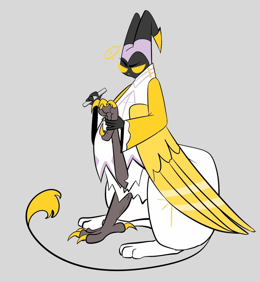 feathered_wings feathers halo male nail_file solo tail taurified wings ginrin_goshiki hazbin_hotel mythology adam_(hazbin_hotel) angel angel_humanoid avian avian_taur gryphon gryphon_taur humanoid mythological_avian mythological_creature taur hi_res