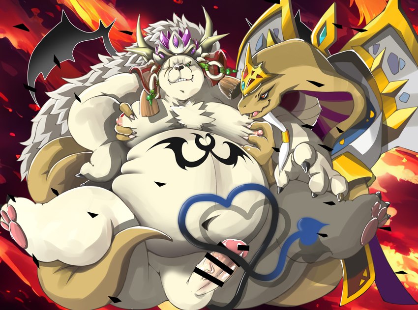 anthro balls belly big_belly crown detailed_background duo erection genitals headgear kemono male moob_grab moobs nipples overweight overweight_male penis chibineco sdorica crushfang_(sdorica_sunset) bear mammal polar_bear unknown_species ursine 2022 censored hi_res