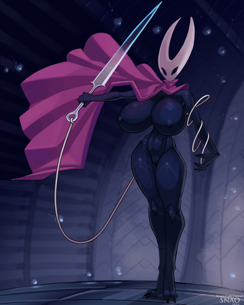 2_horns anthro big_breasts biped black_arms black_body black_breasts black_eyes black_hands black_legs black_skin breasts cape cape_only clothing featureless_breasts featureless_crotch female fingers front_view holding_object holding_weapon horn huge_breasts mostly_nude mouthless nail_(weapon) noseless sewing_needle slim small_waist solo standing text weapon snao hollow_knight team_cherry hornet_(hollow_knight) arthropod 2024 artist_name dated english_text hi_res