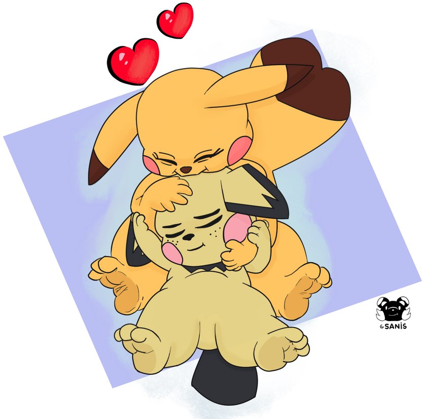 anthro duo feet female hug kissing kissing_head male male/female paws simple_background young young_anthro sanispifo nintendo pokemon generation_1_pokemon generation_2_pokemon pichu pikachu pokemon_(species) 2022 digital_media_(artwork)