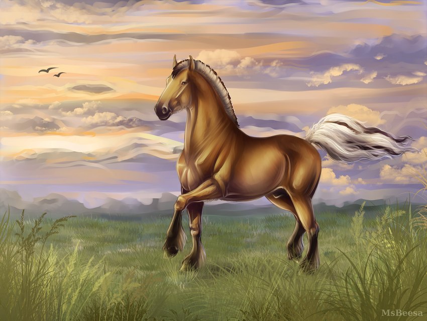 amber_eyes anatomically_correct anatomically_correct_genitalia animal_genitalia feral field_background genitals male morning sheath solo sunrise trotting beesa arvakr draft_horse equid equine fjord_horse horse mammal 4:3 hi_res