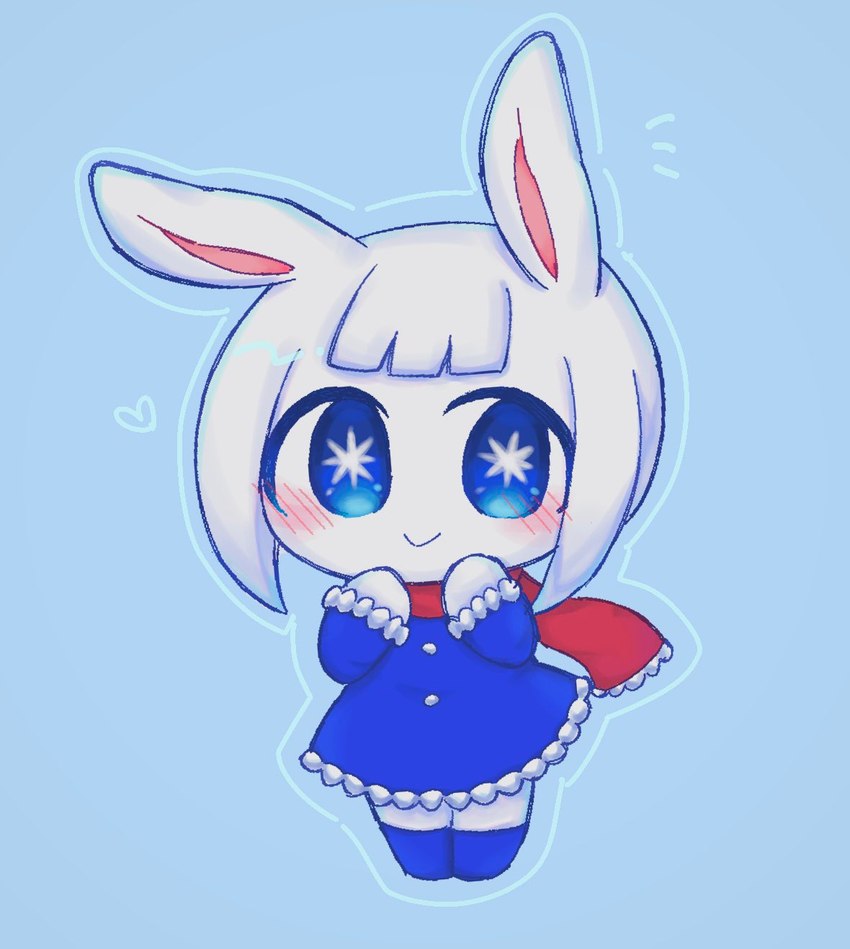 animal_ears blue_background blue_boots blue_clothing blue_dress blue_eyes blue_footwear blush boots chibi clothing dress female footwear frilly frilly_clothing frilly_dress frilly_sleeves frilly_topwear rabbit_ears red_scarf scarf shoes simple_background smile solo topwear white_body white_skin agpgwm pepoyo poyopep koyuki_(pepoyo) alien humanoid lagomorph leporid mammal pepon-jin rabbit 2023 hi_res