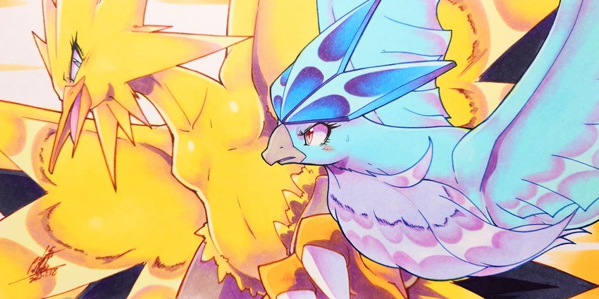 ambiguous_gender anthro beak blue_body blue_feathers blush blush_lines bodily_fluids breasts claws duo eyelashes feathered_wings feathers featureless_breasts female feral grey_eyes looking_at_viewer navel non-mammal_breasts open_mouth red_eyes small_breasts sweat tongue wings yellow_body yellow_feathers 025aki nintendo pokemon articuno avian bird generation_1_pokemon legendary_pokemon pokemon_(species) zapdos 2025 absurd_res dated hi_res signature