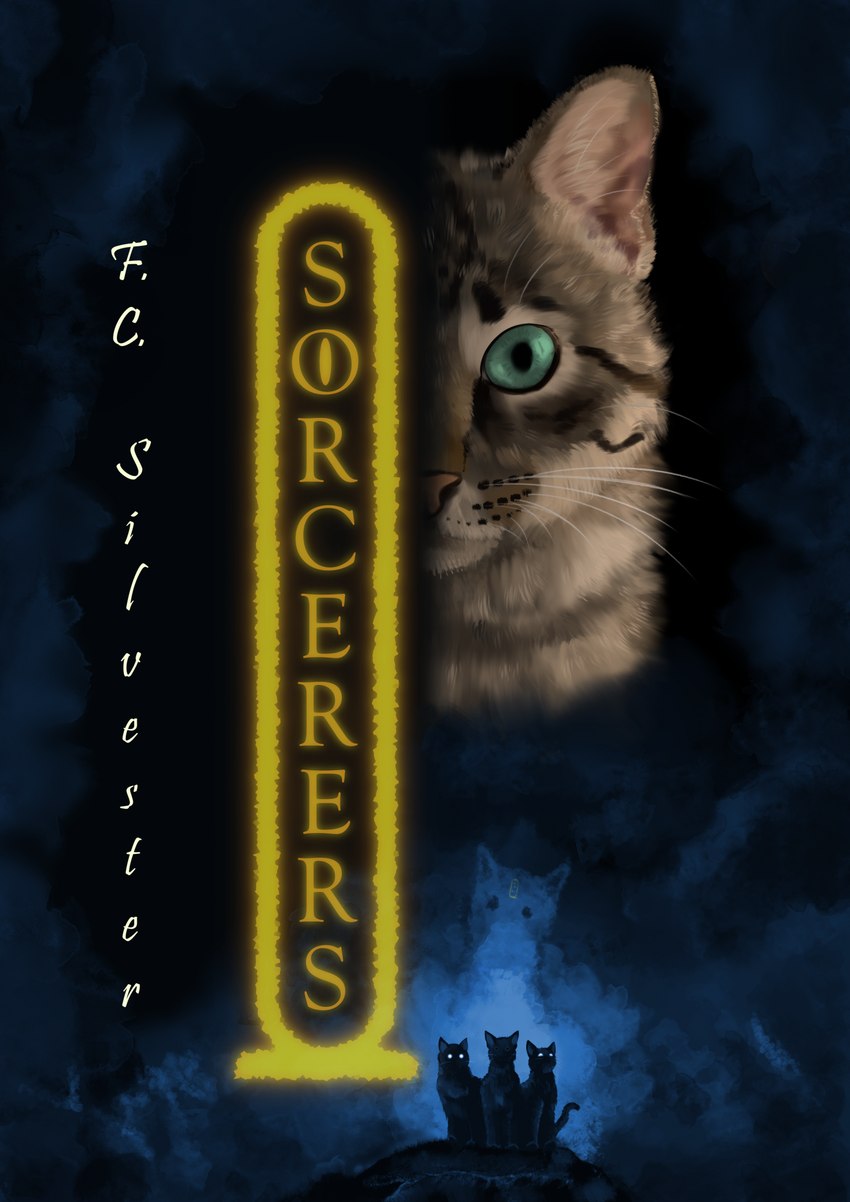 ambiguous_gender cartouche female feral green_eyes group magic magic_user realistic_feral silhouette text title witch pspspsy african_wildcat domestic_cat felid feline felis mammal tabby_cat wildcat comic cover cover_art cover_page digital_media_(artwork) digital_painting_(artwork) hi_res