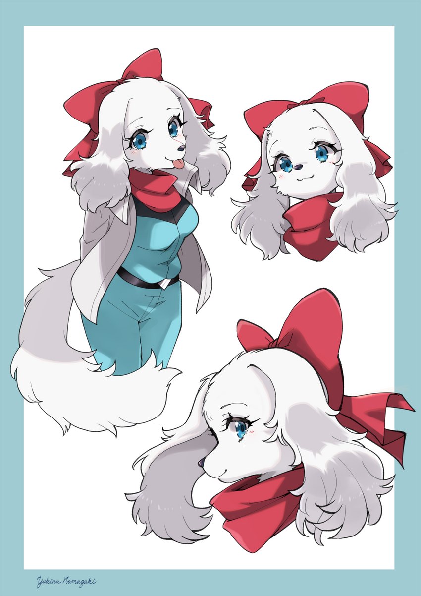 accessory anthro belt black_nose blep blue_clothing blue_eyes bow_ribbon breasts centered_hair_bow clothing eyebrows eyelashes female fluffy fluffy_tail fur hair_accessory hair_bow hair_ribbon hands_behind_back jacket kerchief looking_at_viewer red_kerchief ribbons solo tail tongue tongue_out topwear white_body white_fur namagakiokami nintendo star_fox fay_(star_fox) bird_dog canid canine canis domestic_dog hunting_dog mammal spaniel 2023 hi_res signature