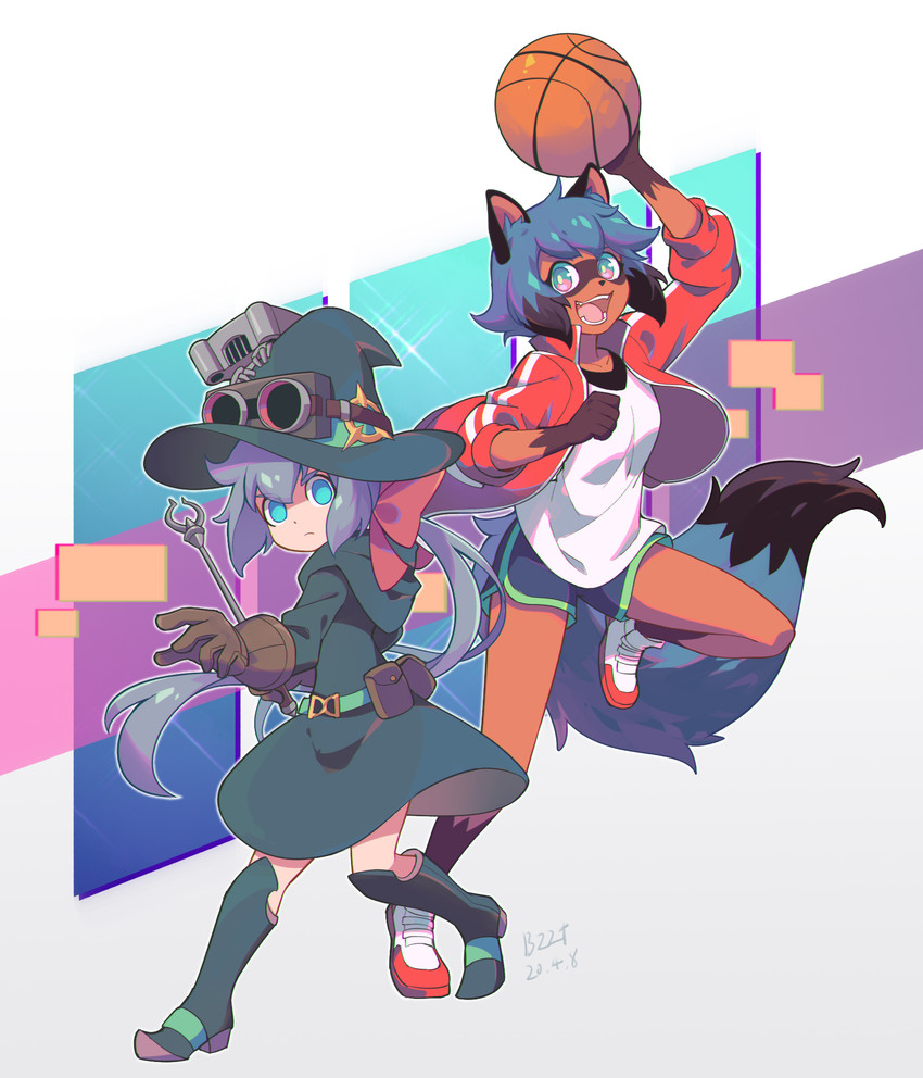 anthro ball basketball_(ball) black_body black_fur black_hair blue_body blue_eyes blue_fur blue_hair bottomwear brown_body brown_fur clothed clothing constanze duo eyewear facial_markings female fluffy fluffy_tail footwear fur gloves gloves_(marking) goggles hair handwear head_markings jacket long_hair markings mask_(marking) multicolored_body multicolored_fur multicolored_hair open_mouth shoes short_hair shorts tail topwear bzzt brand_new_animal little_witch_academia studio_trigger constanze_amalie_von_braunschbank-albrechtsberger michiru_kagemori canid canine human mammal raccoon_dog tanuki digital_media_(artwork) hi_res