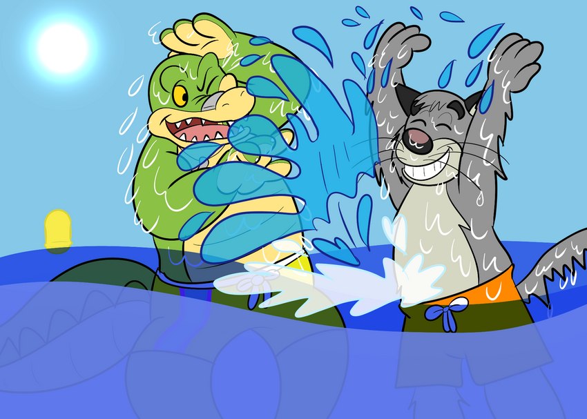 anthro bottomwear clothing duo eyes_closed green_body grey_body humanoid_hands male one_eye_closed outside splashing_water swimming_trunks swimwear water jolly_the_lizard brok_the_investigator cowcat_games brok_(brok_the_investigator) graff_filsh alligator alligatorid crocodilian domestic_cat felid feline felis mammal reptile scalie 2022 hi_res