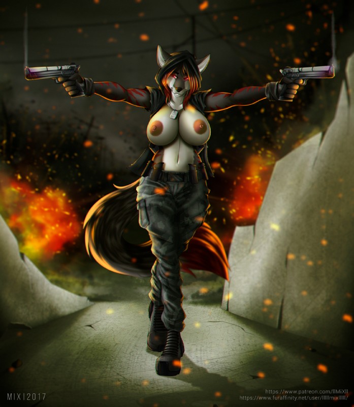 anthro areola belt big_areola big_breasts boots breasts camo clothed clothing concrete desert_eagle dog_tags dual_wielding electricity erect_nipples explosives female fire flashing footwear gun gunslinger handgun holding_gun holding_object holding_ranged_weapon holding_weapon huge_breasts magazine_(gun) navel nipples open_clothing open_shirt open_topwear pistol power_line ranged_weapon red_eyes shirt shoes smile sparks text topwear weapon galacticmichi tena_teardrop canid canine fox mammal 2017 url