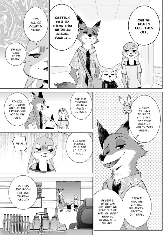 anthro clothing dialogue female fur male text namagakiokami disney zootopia finnick_(zootopia) judy_hopps nick_wilde canid canine fennec_fox fox lagomorph leporid mammal rabbit red_fox true_fox comic english_text hi_res monochrome