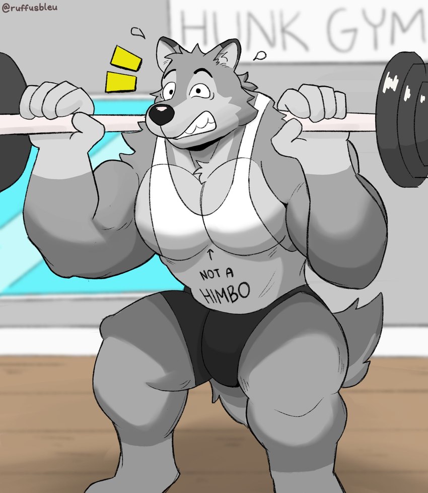 anthro bar_emanata barazoku barbell biceps big_bulge biped black_nose bodily_fluids bottomwear bulge clenched_teeth clothed clothing crouching emanata exercise eyebrows flying_sweatdrops fully_clothed male muscular muscular_anthro muscular_male muscular_thighs pecs shirt shorts solo sweat sweatdrop tail tank_top teeth text topwear weightlifting workout ruffusbleu ruffus_(ruffusbleu) canid canine canis mammal wolf himbo 2022 digital_media_(artwork) english_text hi_res