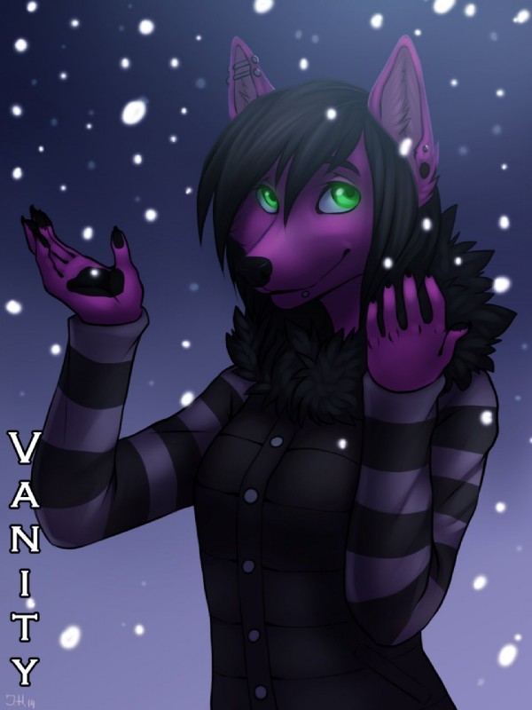 anthro clothed clothing ear_piercing facial_piercing female lip_piercing looking_at_viewer piercing simple_background smile snow solo text hitmore canid canine mammal 3:4 english_text hi_res