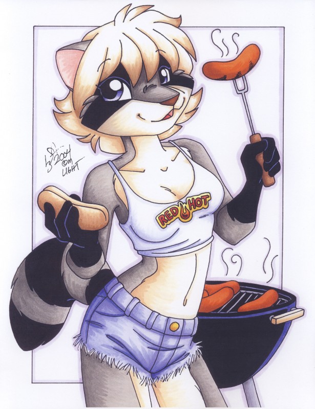 anthro clothed clothing cooking female food grill holding_hot_dog hot_dog looking_at_viewer pose skimpy solo tail michele_light mammal procyonid raccoon 2004 absurd_res hi_res pinup signature