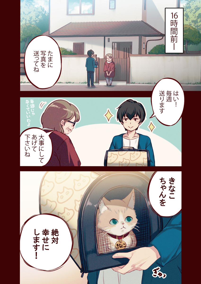 :< ambiguous_gender black_hair building closed_frown collar domestic_pet female feral frown fur green_eyes hair male mouth_closed pet_carrier tan_body tan_fur text wishbone_mouth 40hara kinako_(40hara) domestic_cat felid feline felis human mammal 2020 comic hi_res japanese_text translation_request