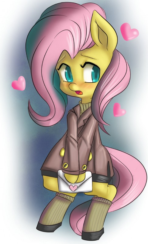 blue_eyes blush bottomwear clothed clothing coat female feral footwear fur hair heart_symbol legwear letter long_hair open_mouth pink_hair shirt shoes skirt socks solo topwear yellow_body yellow_fur fauxsquared friendship_is_magic hasbro my_little_pony fluttershy_(mlp) equid equine horse mammal pony hi_res