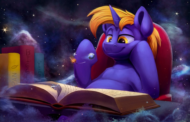 book duo extreme_size_difference macro planet planet_dwarfing size_difference space terra_macro tsitra360 hasbro my_little_pony fan_character snap_feather star_bright equid equine mammal 2019 hi_res