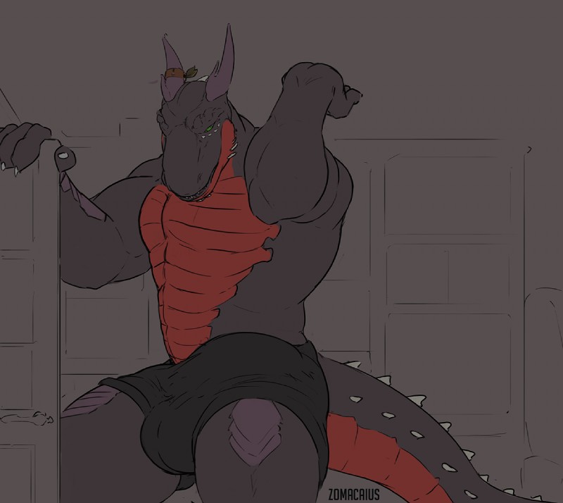 5_fingers anthro big_bulge bulge clothed clothing door erection erection_under_clothing fingers green_eyes horn inside male mostly_nude muscular muscular_anthro muscular_male solo standing tail teeth topless zomacaius mythology syrrik dragon mythological_creature mythological_scalie scalie