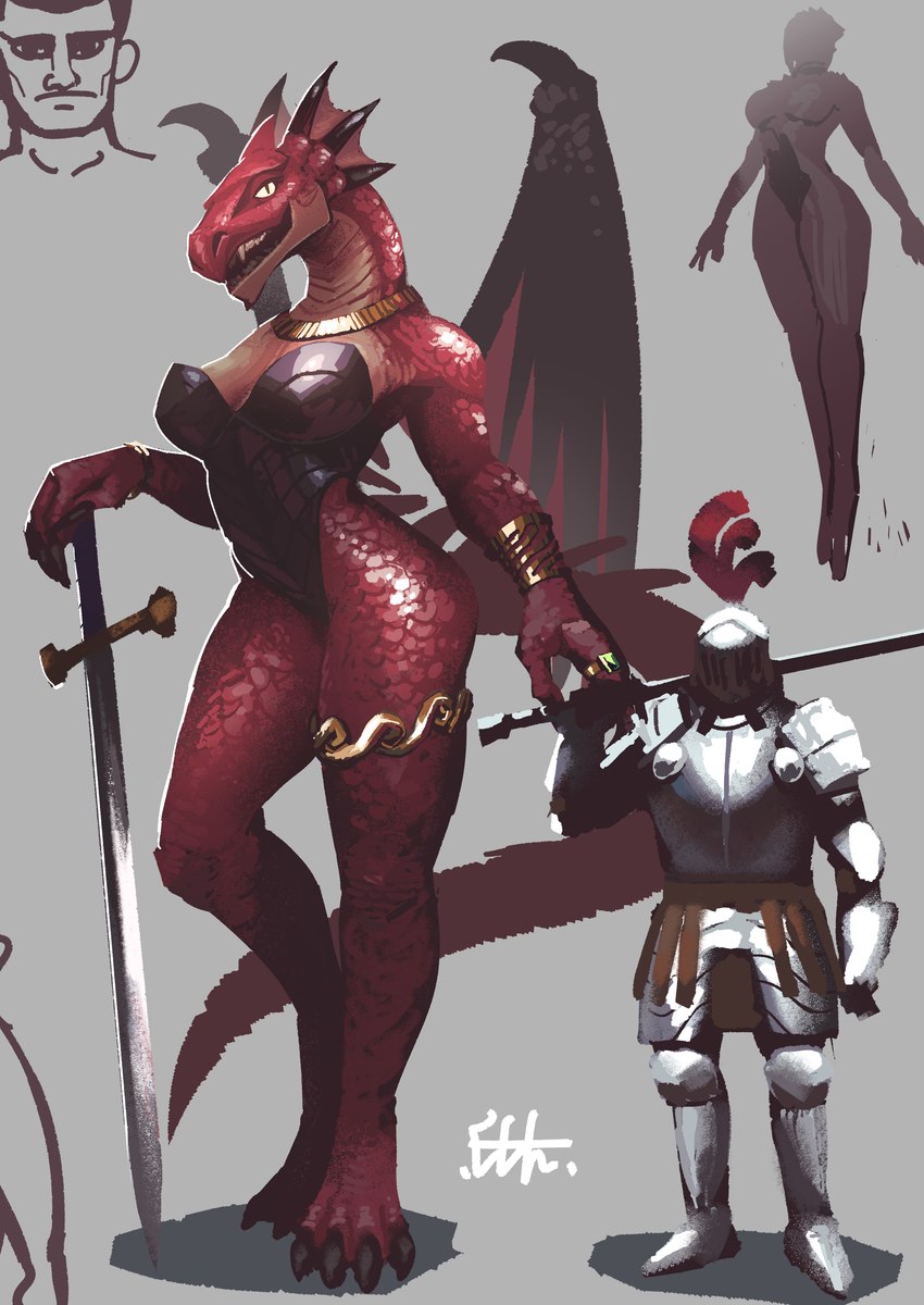 4_toes anthro armor biped breasts claws clothed clothed_anthro clothed_female clothed_human clothing countershade_scales countershade_torso countershading duo feet female holding_melee_weapon holding_object holding_sword holding_weapon larger_female looking_at_viewer male melee_weapon open_mouth open_smile red_body red_scales red_tail red_wings scales size_difference smile standing sword tail teeth toe_claws toes weapon wings el-k mythology dragon human mammal mythological_creature mythological_scalie scalie 2025 absurd_res digital_media_(artwork) hi_res