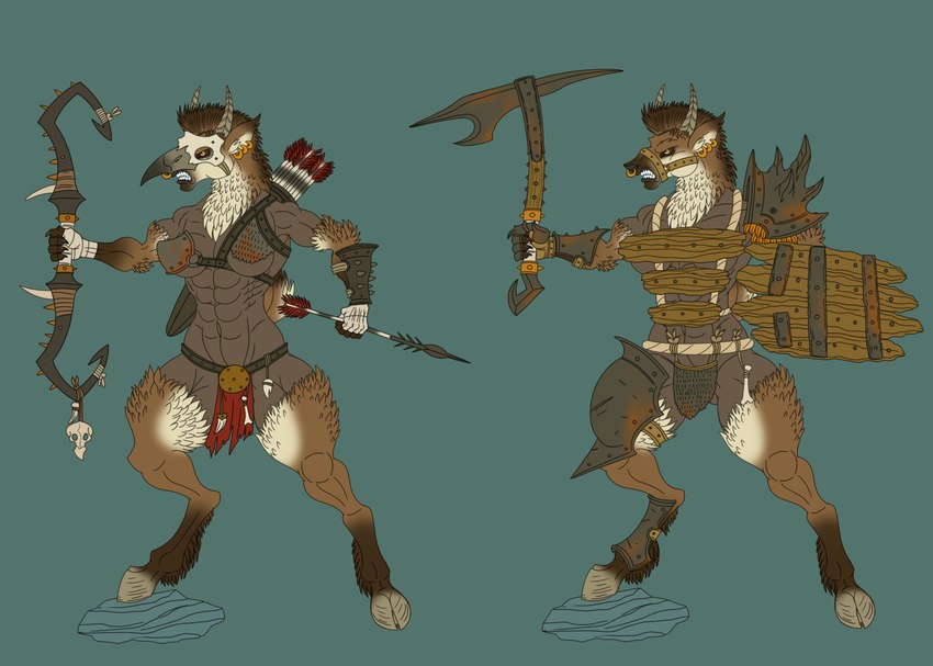 abs animal_mask anthro arm_armor armor axe bandage beak_mask black_sclera bone bottomwear bow_(weapon) breasts brown_body brown_fur clenched_teeth clothing duo ear_piercing ear_ring facial_piercing female fur green_background grey_body grey_fur grey_horn holding_arrow holding_axe holding_bow_(weapon) holding_object holding_ranged_weapon holding_shield holding_weapon hooves horn loincloth mask mohawk muscular muscular_female navel nose_piercing nose_ring piercing quiver_(object) ranged_weapon ring_piercing septum_piercing septum_ring shield shoulder_armor simple_background skull small_breasts teeth thick_thighs weapon white_body white_fur wide_hips yellow_eyes bythebook warhammer_(franchise) warhammer_age_of_sigmar warhammer_fantasy beastman_(warhammer) bovid caprine goat mammal