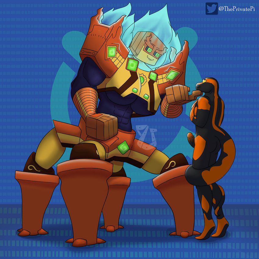 4_fingers 4_legs abs anthro arm_markings arm_spikes armor big_breasts black_body blue_background blue_body blue_fire breastplate breasts brown_body butt clothing colored_fire duo erection female finger_under_chin fingers fire fist flaming_hair flirting gauntlets gem genitals gloves green_eyes handwear heart_eyes heart_symbol humanoid_genitalia humanoid_penis larger_female machine male male/female markings multicolored_body muscular muscular_anthro muscular_female orange_body pattern_background penis pseudo_hair pupils rear_view shoulder_markings shoulder_spikes simple_background size_difference smaller_male smile spikes spikes_(anatomy) square_eyes square_pupils tail tail_around_leg tiptoes two_tone_body yellow_body unibro_pi disney spectrobes korark_(maxdamage_rulz) max_(maxdamage_rulz) amphibian fire_salamander korozama robot salamander spectrobe 1:1 2021 absurd_res hi_res signature