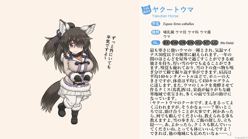 accessory big_breasts boots bottomwear breasts brown_hair clothed clothing female footwear hair hair_accessory hair_over_eye hair_ribbon inner_ear_fluff jacket leggings legwear long_hair one_eye_obstructed ponytail ribbons scientific_name shoes skirt solo sweater text topwear tuft turtleneck winter_jacket mo23 kemono_friends fan_character yakutian_horse_(mo23) animal_humanoid equid equid_humanoid equine equine_humanoid horse_humanoid humanoid mammal mammal_humanoid 16:9 hi_res japanese_text translation_request widescreen