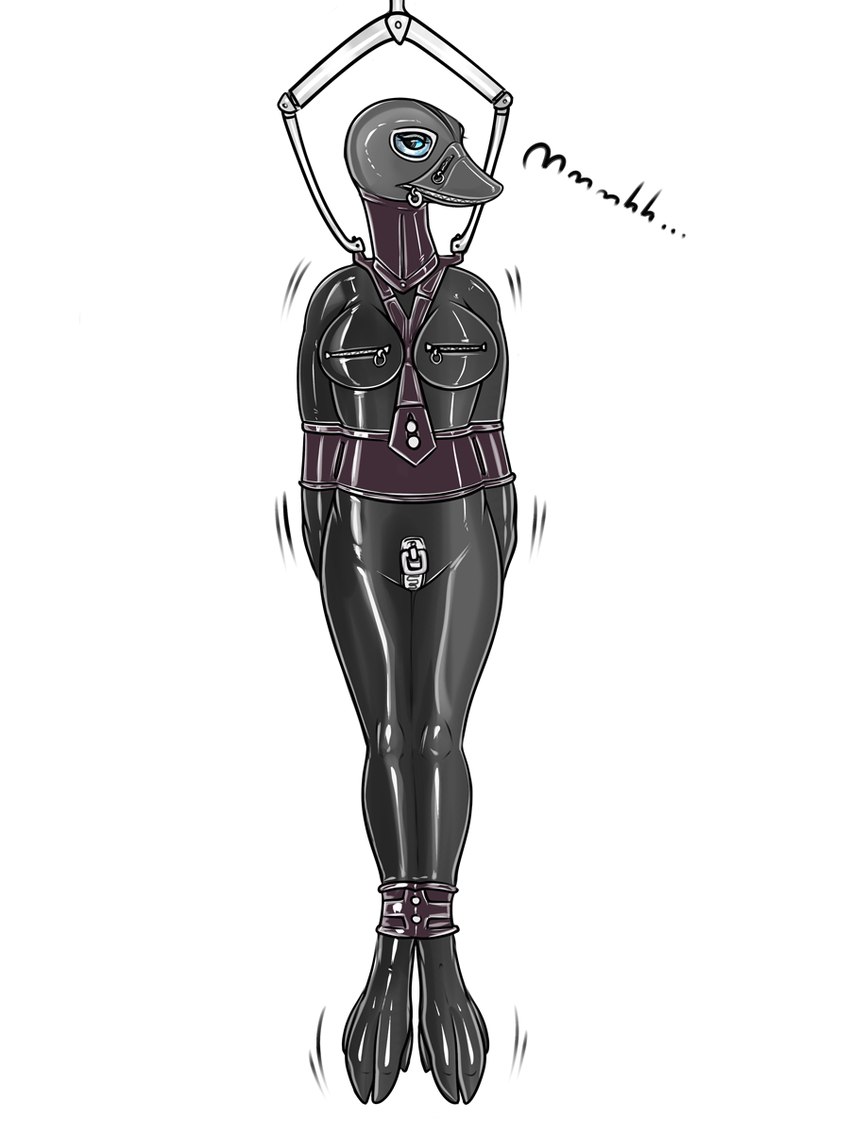 4_toes ankle_cuffs ankles_tied anthro arm_cuffs arms_tied bdsm beak black_bodysuit black_clothing black_latex black_leather black_mask black_skinsuit blue_eyes bodysuit bondage bound breasts clothing collar crotch_zipper cuff_(restraint) digitigrade feet female gimp_mask gimp_suit glistening glistening_bodysuit glistening_clothing glistening_skinsuit hood latex latex_bodysuit latex_clothing latex_skinsuit leather leather_collar mask moan motion_lines nipple_zipper non-mammal_breasts posture_collar restraints rubber_clothing simple_background skinsuit solo submissive submissive_anthro submissive_female suspension suspension_bondage tight_clothing toes white_background zipper zipper_mouth adeer anatid anseriform anserinae avian bird goose 2023 3:4 digital_media_(artwork) hi_res