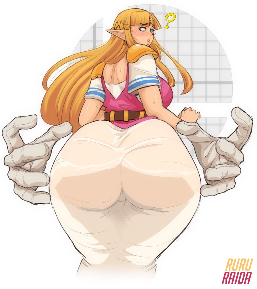 big_breasts big_butt blue_eyes blush breasts butt disembodied_hand duo female hair huge_butt humanoid_pointy_ears long_hair not_furry pointy_ears solo_focus rururaida nintendo the_legend_of_zelda princess_zelda humanoid hylian hi_res