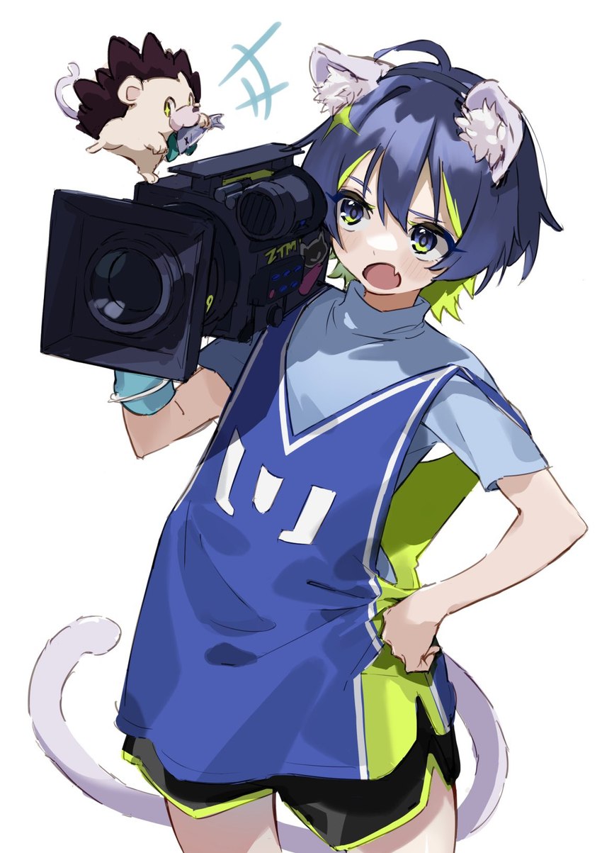 ahoge animal_ears black_bottomwear black_clothing black_shorts blue_eyes blue_hair blue_wristwear bottomwear camera cat_tail clothing colored_inner_hair female fish_in_mouth food_in_mouth hair hand_on_hip holding_object inner_ear_fluff journalist multicolored_hair open_mouth shorts solo sweater topwear tuft turtleneck two_tone_hair white_ears wristband u_riog zutomayo nira-chan uniguri animal_humanoid cat_humanoid eulipotyphlan felid felid_humanoid feline feline_humanoid hedgehog humanoid mammal mammal_humanoid 2021 hi_res