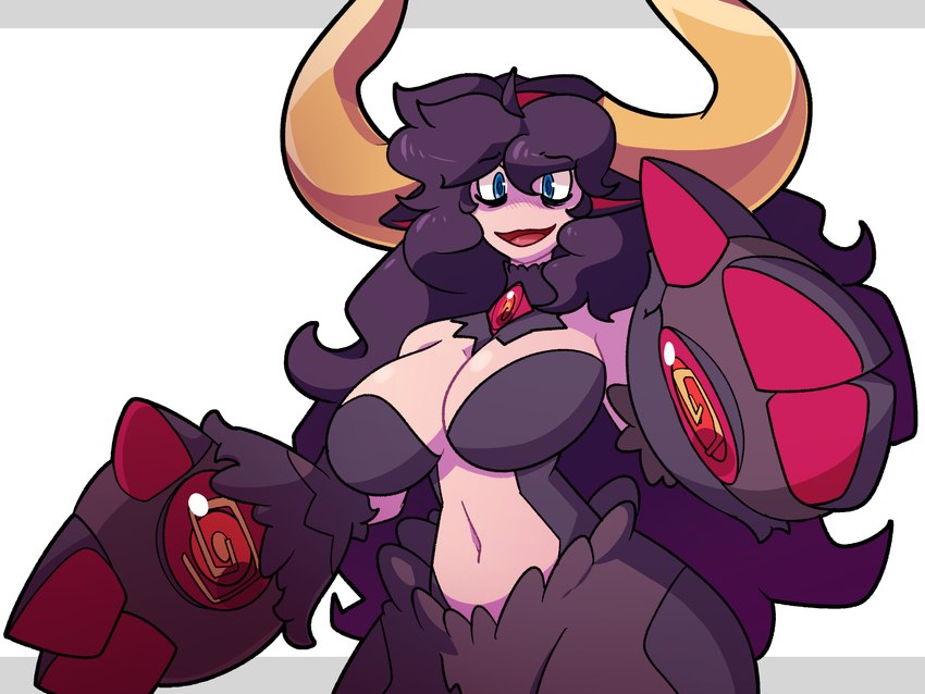 alternate_species animal_ears animal_limbs big_breasts big_hair big_horn blue_eyes blush blush_lines breasts chest_gem curled_hair eyebrow_through_hair eyebrows female fur gem grey_background hair hand_gem horn long_hair looking_at_viewer naturally_censored navel open_mouth open_smile purple_body purple_fur purple_hair simple_background smile solo tan_body tan_skin translucent translucent_hair white_background wide_hips yellow_horn unknown_artist disgaea nintendo nippon_ichi_software pokemon evil_eye_(disgaea) hex_maniac animal_humanoid bovid bovid_humanoid bovine bovine_humanoid cattle_humanoid horned_humanoid humanoid mammal mammal_humanoid 4:3 hi_res