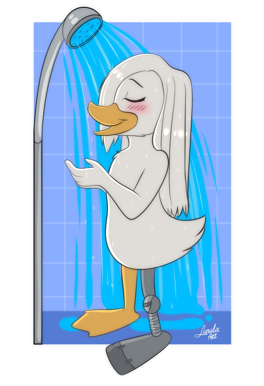 amputee anthro bathing disability feathers female hair long_hair missing_leg nude open_mouth open_smile prosthetic prosthetic_leg prosthetic_limb relaxing showering smile solo wet wet_body wet_feathers wet_hair kinkypeach disney ducktales ducktales_(2017) della_duck anatid anseriform avian bird duck hi_res