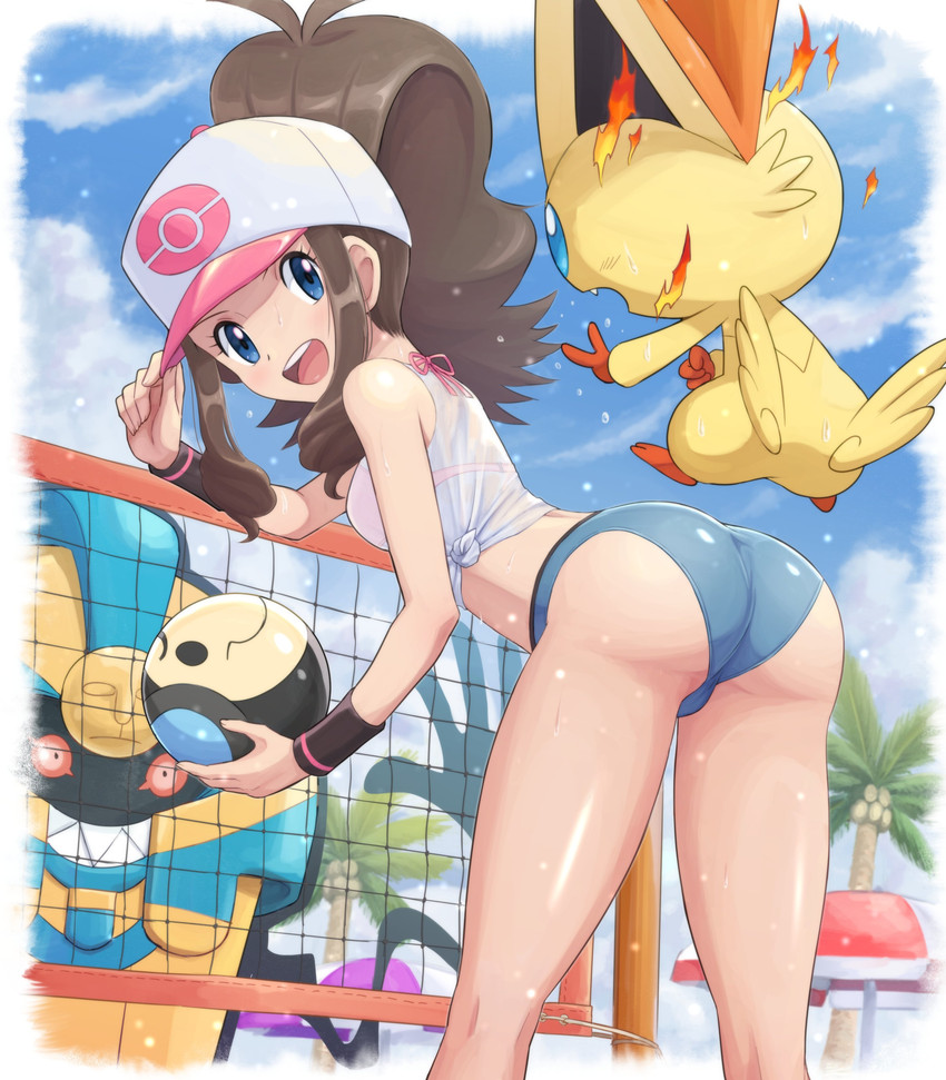 bikini blue_eyes bottomwear brown_hair butt butt_wings clothed clothing coffin female group hair hat headgear headwear human_focus looking_back not_furry_focus ponytail shorts solo_focus sport swimwear two-piece_swimsuit unusual_wing_placement volleyball wings pokemoa nintendo pokemon hilda_(pokemon) cofagrigus fish generation_5_pokemon human legendary_pokemon mammal marine pokemon_(species) tympole victini absurd_res hi_res