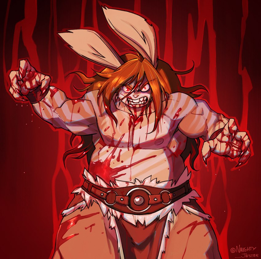 anthro barbarian blood bodily_fluids bottomwear clothing hair half-closed_eyes loincloth long_fangs long_hair male muscle_tone musclegut muscular muscular_anthro muscular_male narrowed_eyes pants pecs red_background simple_background slightly_chubby slightly_chubby_anthro slightly_chubby_male snarling solo wristband naughtyjester arthur_(lapinbeau) lagomorph leporid mammal rabbit 2022 hi_res